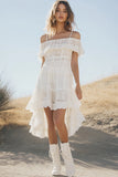 White Lace Cold Shoulder A Line High-Low Boho Graduation Dress