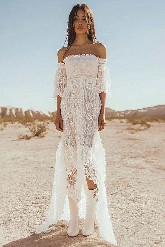 Lace White Off The Shoulder Boho Maxi Dress with Flare Sleeves