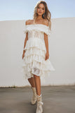 White Lace Midi Tiered A Line Boho Graduation Dress with Ruffles