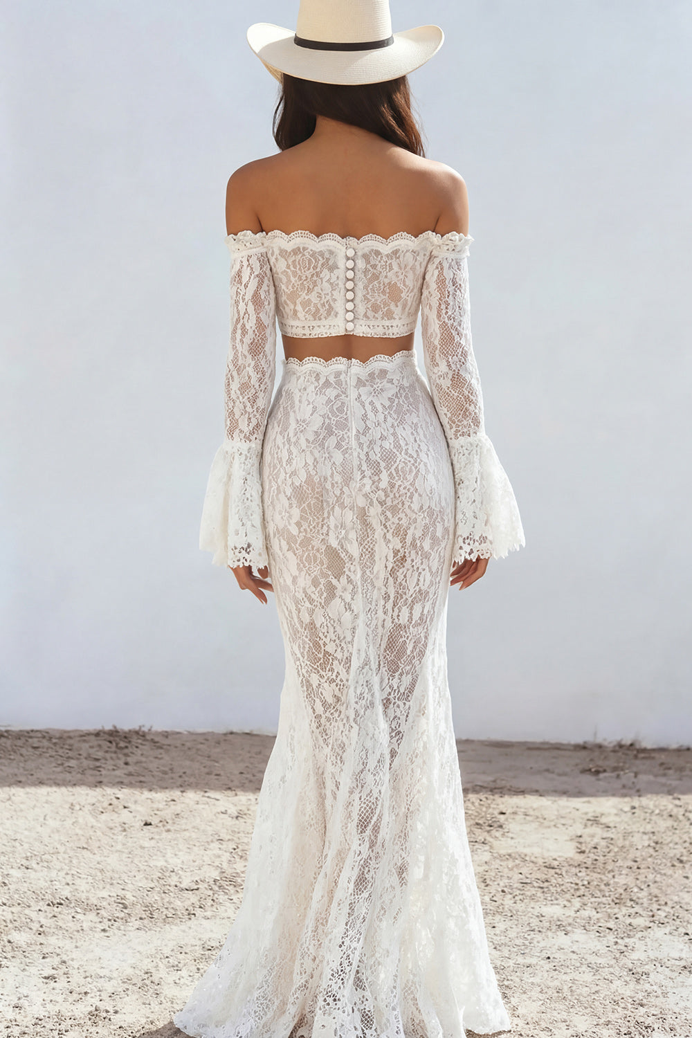 Two Piece White Lace Boho Maxi Dress with Long Sleeves