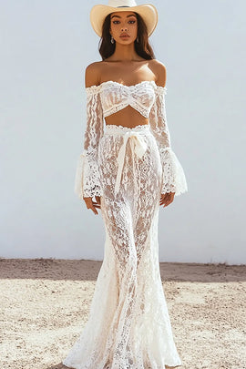 Zapakasa Women White Lace Off The Shoulder Boho Maxi Dress with Sash Long Sleeves Two Piece Bridal Shower Dress Zapakasa Women White Lace Off The Shoulder Boho Maxi Dress with Sash Long Sleeves Two Piece Bridal Shower Dress