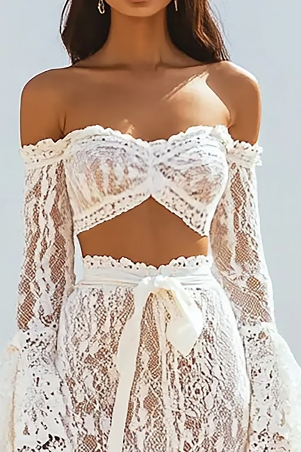Zapakasa Women White Lace Off The Shoulder Boho Maxi Dress with Sash Long Sleeves Two Piece Bridal Shower Dress Zapakasa Women White Lace Off The Shoulder Boho Maxi Dress with Sash Long Sleeves Two Piece Bridal Shower Dress