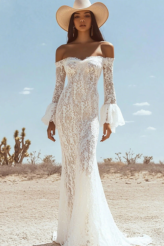 Off Shoulder Lace Maxi Dress Boho White Bridesmaid Wedding Evening Party Dresses