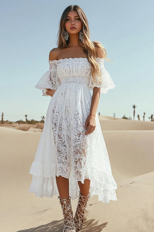 White A Line High-Low Boho Graduation Dress with Pleats