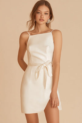 Ivory Satin Spaghetti Straps Bow Short Graduation Dress with Sash