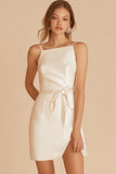 Ivory Satin Spaghetti Straps Bow Short Graduation Dress with Sash