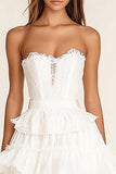 White Lace Strapless Short A Line Graduation Dress with Ruffles