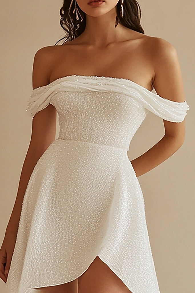 Off the Shoulder Lace White A Line Graduation Dress