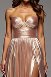 Champagne Metallic A Line Sweetheart Long Prom Dress with Slit