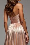 Champagne Metallic A Line Sweetheart Long Prom Dress with Slit