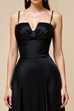Black A Line Spaghetti Straps Satin Long Prom Dress