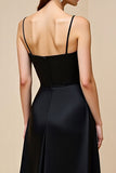 Black A Line Spaghetti Straps Satin Long Prom Dress