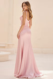 A Line Pink Spaghetti Straps Ruched Long Prom Dress with Slit
