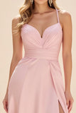 A Line Pink Spaghetti Straps Ruched Long Prom Dress with Slit