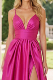 Fuchsia A Line V-Neck Spaghetti Straps Satin Long Prom Dress with Slit