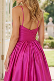 Fuchsia A Line V-Neck Spaghetti Straps Satin Long Prom Dress with Slit