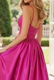 Fuchsia A Line V-Neck Spaghetti Straps Satin Long Prom Dress with Slit