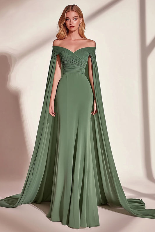 Eucalyptus Sheath Off the Shoulder Long Pleated Prom Dress with Cape