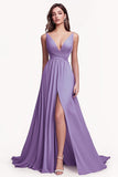 Lilac Ruched Chiffon A Line Long Pleated Prom Dress with Slit