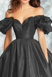 Black Off the Shoulder Satin Ball Gown Long Prom Dress