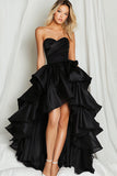 Black Sweetheart Ruched Asymmetrical High-Low Prom Dress with Ruffles