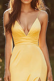 Yellow Spaghetti Straps V-Neck Satin Sheath Long Prom Dress with Slit