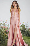 Pink Satin Halter A Line V-Neck Long Prom Dress with Slit