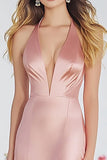 Pink Satin Halter A Line V-Neck Long Prom Dress with Slit