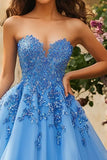 Blue Sweetheart Tulle Ball Gown Long Appliques Prom Dress