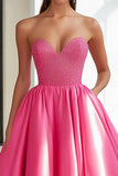 Sparkly Fuchsia Sweetheart Beaded Satin Ball Gown Long Prom Dress