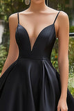 Black Satin Spaghetti Straps Ball Gown V-Neck Long Prom Dress