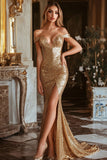 Sparkly Gold Sequin Off the Shoulder Mermaid Long Prom Dress with Slit