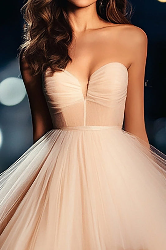 Champagne Sweetheart Tulle Ball Gown Long Prom Dress with Slit