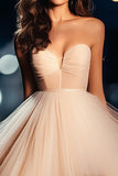 Champagne Sweetheart Tulle Ball Gown Long Prom Dress with Slit