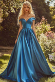 Blue A Line Satin Off the Shoulder Long Prom Dress