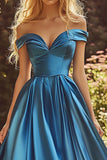 Blue A Line Satin Off the Shoulder Long Prom Dress