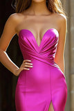 Fuchsia Satin Ruched Mermaid Long Sweetheart Prom Dress with Slit