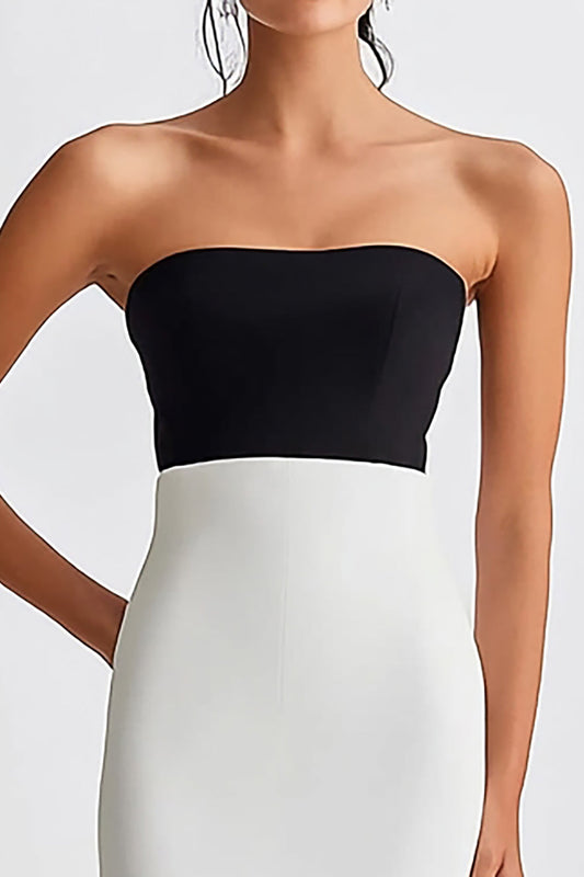 Black and White Mermaid Satin Strapless Long Formal Dress