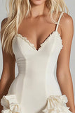 Ivory Satin Spaghetti Straps Short Graduation Dress with Ruffles