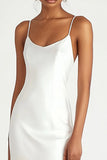 White Satin Spaghetti Straps Long Asymmetrical Engagement Dress