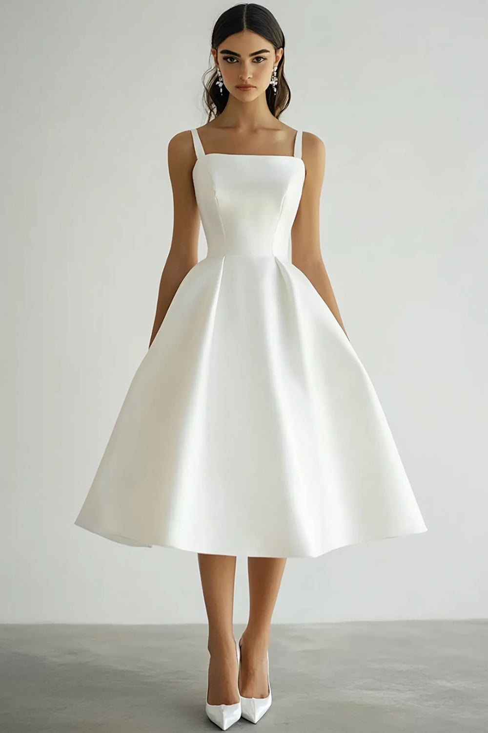 Zapakasa Women White Satin A Line Midi Engagement Dress Square Neck Rehearsal Dinner Dress Zapakasa Women White Satin A Line Midi Engagement Dress Square Neck Rehearsal Dinner Dress