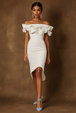 White Satin Off The Shoulder Midi Engagement Dress with Ruffles