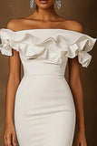 White Satin Off The Shoulder Midi Engagement Dress with Ruffles