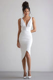 White V-Neck Mermaid Midi Satin Engagement Dress