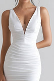White V-Neck Mermaid Midi Satin Engagement Dress