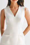White Satin V-Neck Short Graduation Dress with Pockets