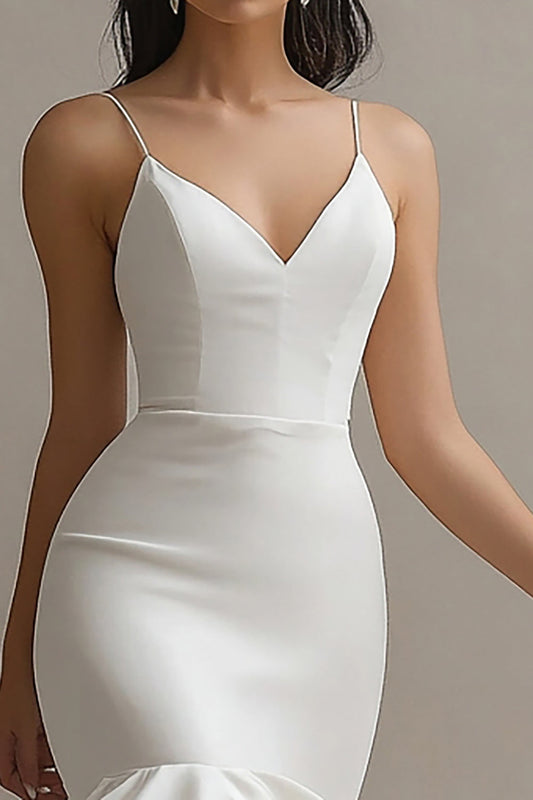 Ivory Satin Mermaid Long Engagement Dress with Ruffles
