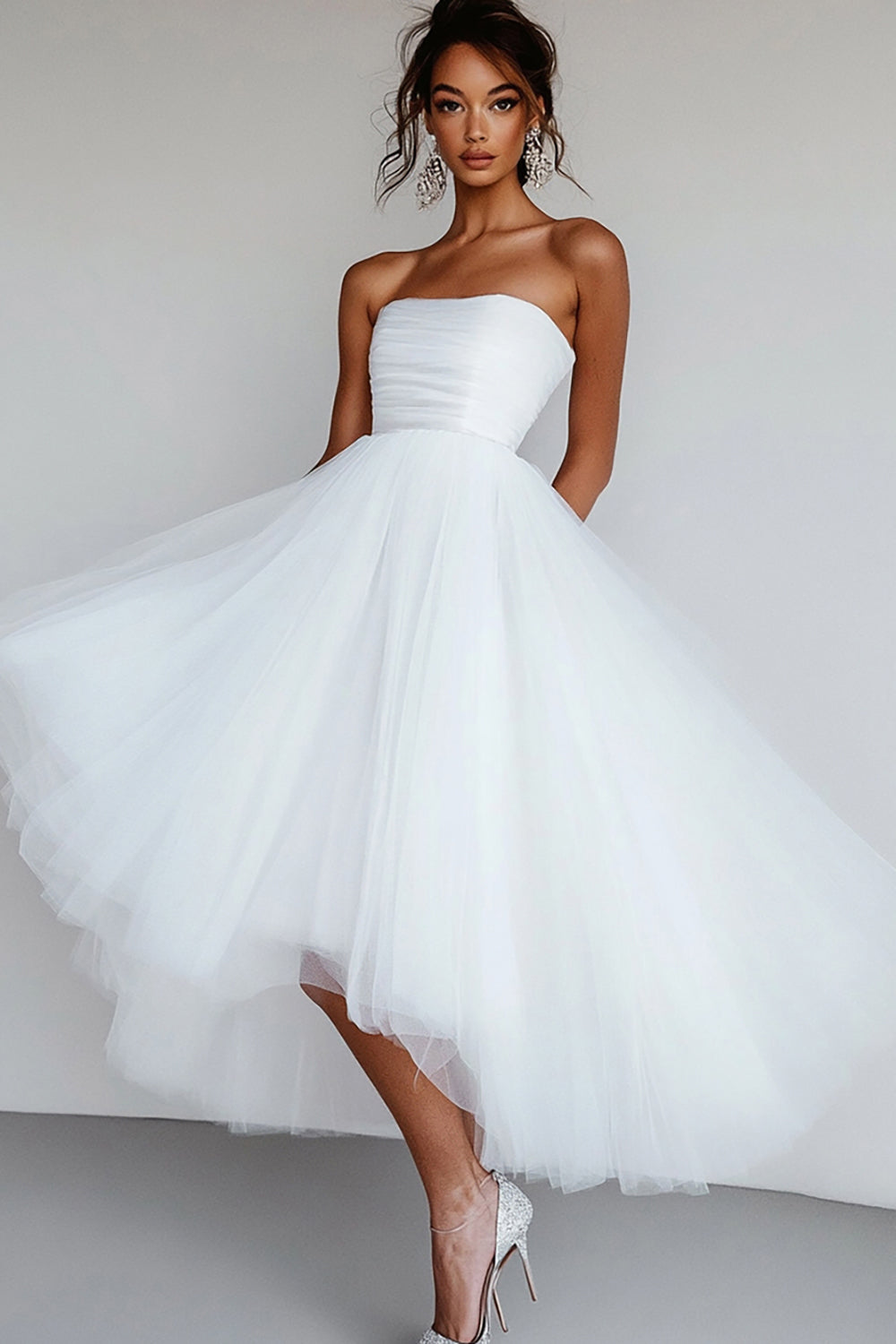 White Tulle Square Neck High-Low A Line Engagement Dress