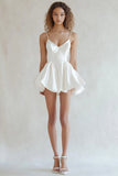 Ivory Satin V-Neck Short Graduation Dress with Ruffles