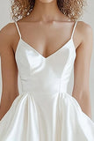 Ivory Satin V-Neck Short Graduation Dress with Ruffles